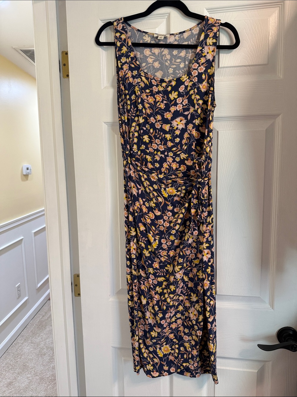Sleeveless Navy Floral Midi Dress - Navy with Yellow & Pink Flowers